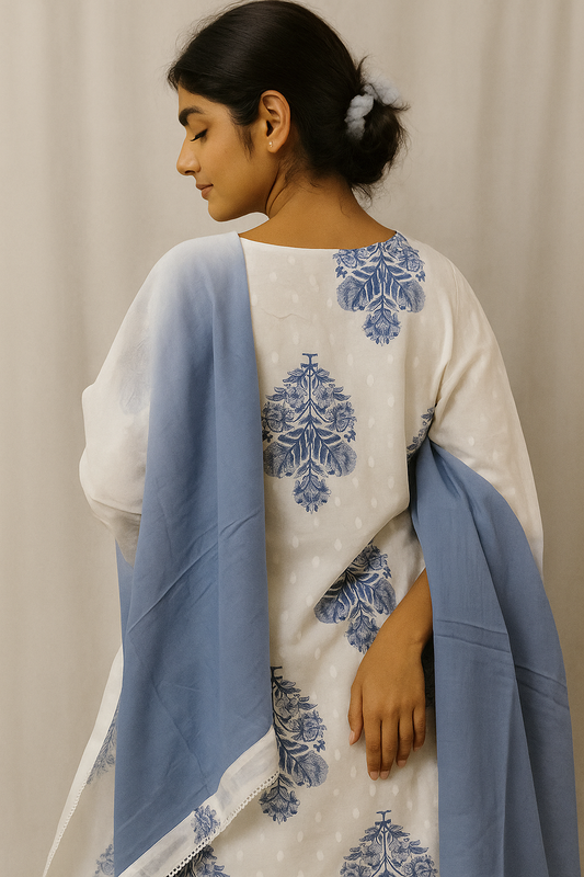 White & Blue Floral Printed Kurta Set with Dupatta