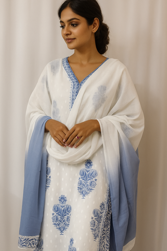 White & Blue Floral Printed Kurta Set with Dupatta