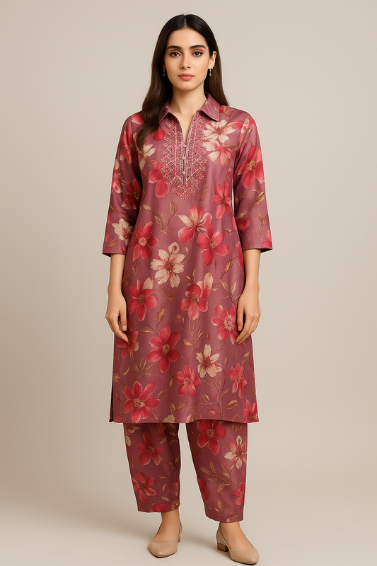 Maroon Floral Satin Finish Suit Set – Embroidered Neck | Elegant Festive Wear