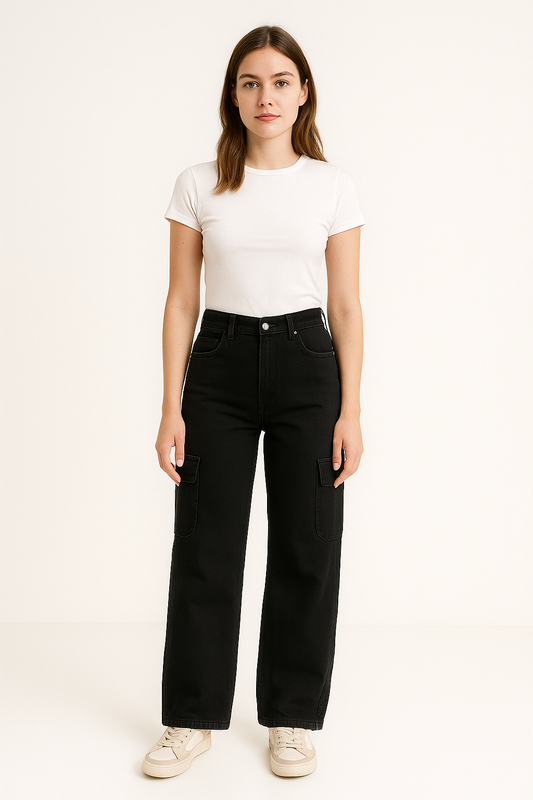 Women's Black High-Waisted Cargo Jeans